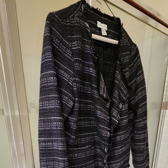 Adrienne Vittadini Fringed Tweed Open Front Crop Waist Jacket Blaze Size Large - Picture 2 of 9